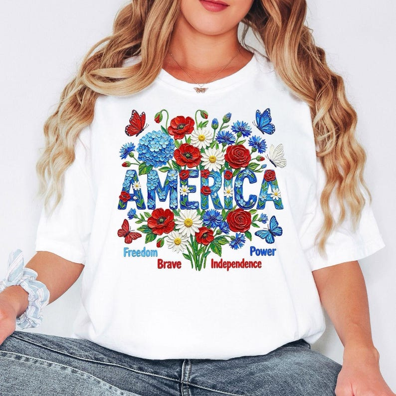 America Shirt, Patriotic Flower Tee, Independence Day Shirt, USA Floral Shirt